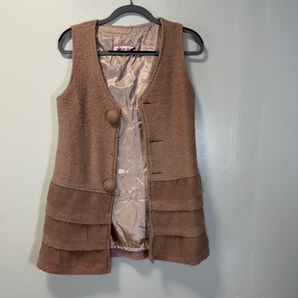Madryly-M Women Brown Wool Blend Tiered Tulle Ruffle Vest Medium